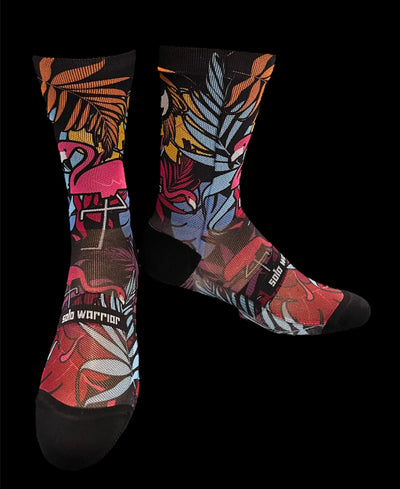 “Tropical Flamingo “ 6” blue, black, orange, white, pink and green  men’s and womens cycling sock with compression.