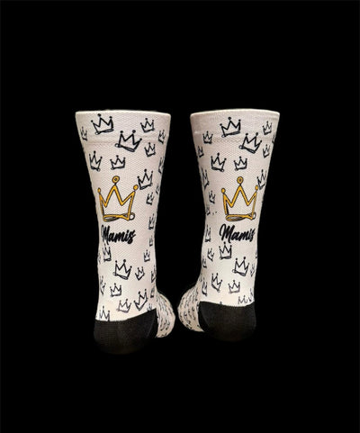 " The 2.0 Queens, Mamis" and  6” white and black men's and women's cross training cycling sock with compression.