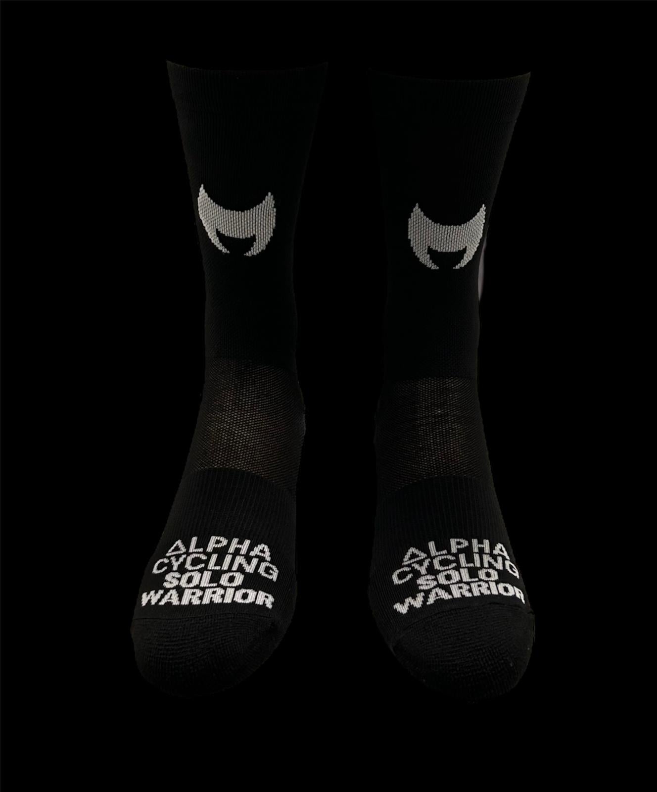 “Alpha Sharks” is a Black and White 6” Mens and women’s cycling sock with compression.