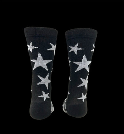 "Star Power” is a Black and White 6" men and women's cycling and running sock with compression.