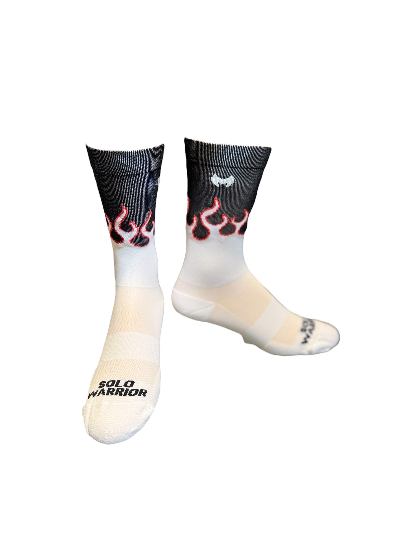 “The Fire” is a 6" White, Orange and black, men and women's cycling, running, and fitness sock with compression