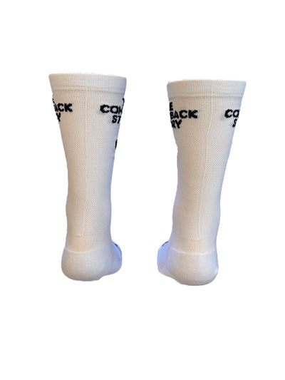 “The Comeback Story” is 6" black and white, men and women's cycling sock with compression.