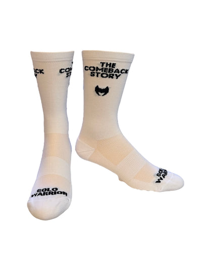 “The Comeback Story” is 6" black and white, men and women's cycling sock with compression.