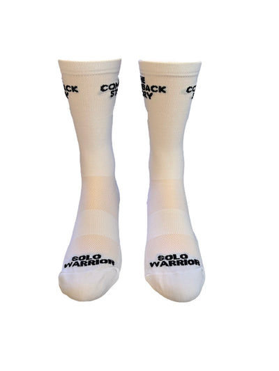 “The Comeback Story” is 6" black and white, men and women's cycling sock with compression.