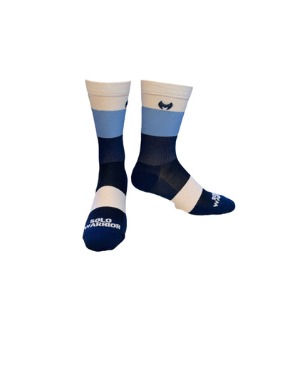 The ”Trio White, Light blue, and Navy Blue ” is a 6" men and women's cycling and running sock with&nbsp;compression.