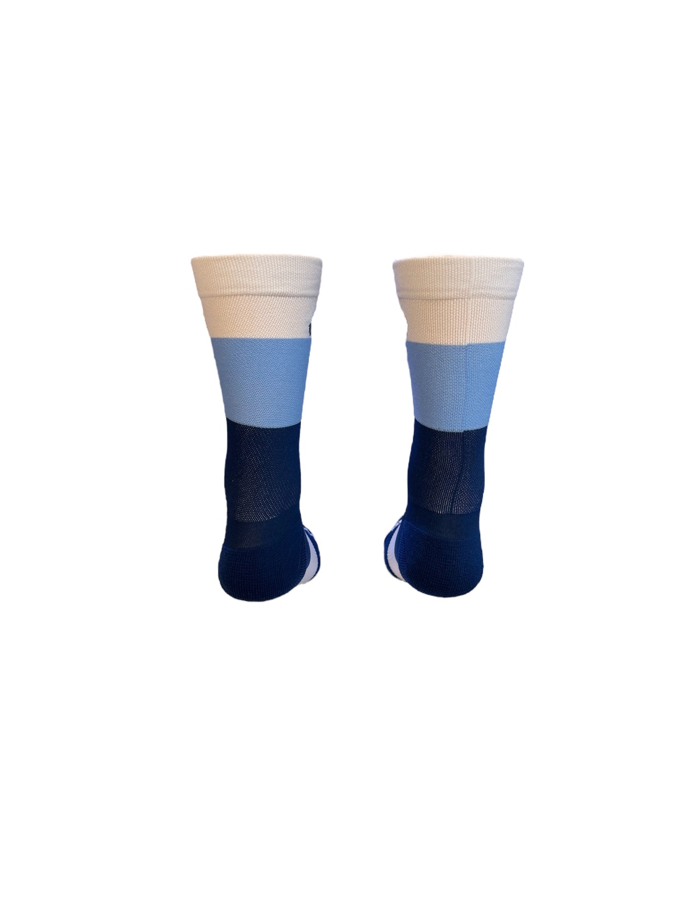 The ”Trio White, Light blue, and Navy Blue ” is a 6" men and women's cycling and running sock with&nbsp;compression.
