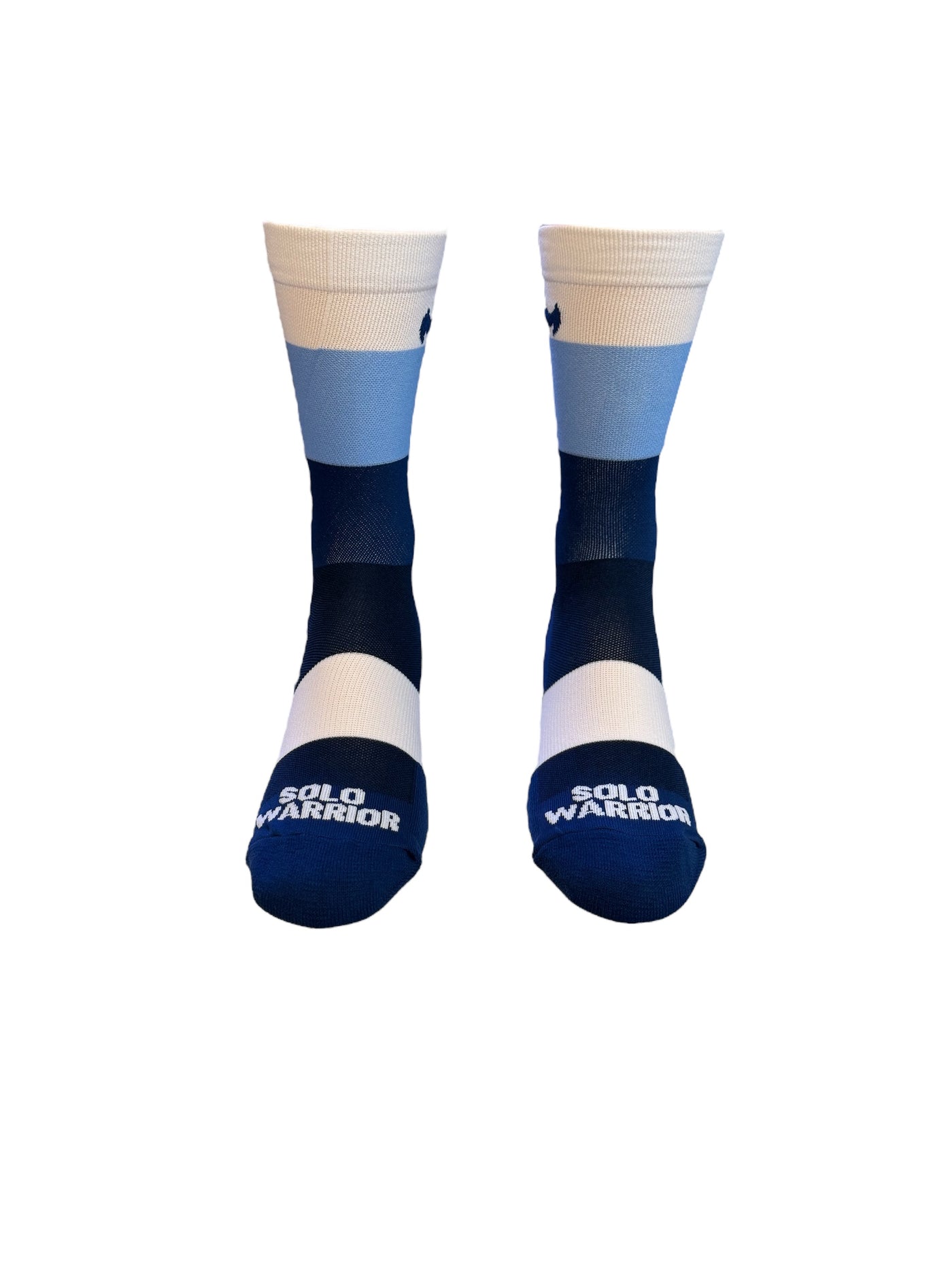 The ”Trio White, Light blue, and Navy Blue ” is a 6" men and women's cycling and running sock with&nbsp;compression.