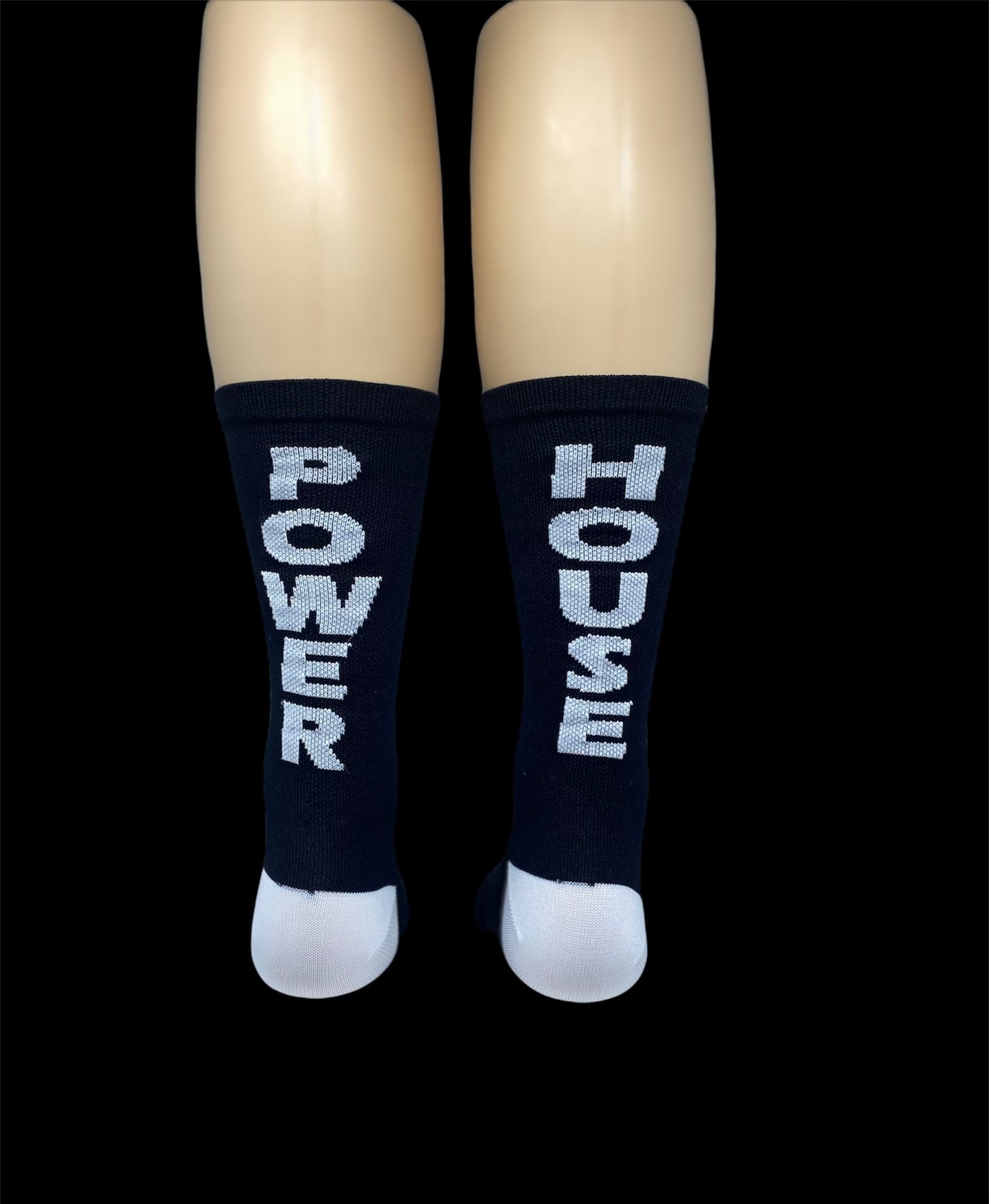 “POWER HOUSE!” Black and white 6" Men's and Women's cycling sock with compression.