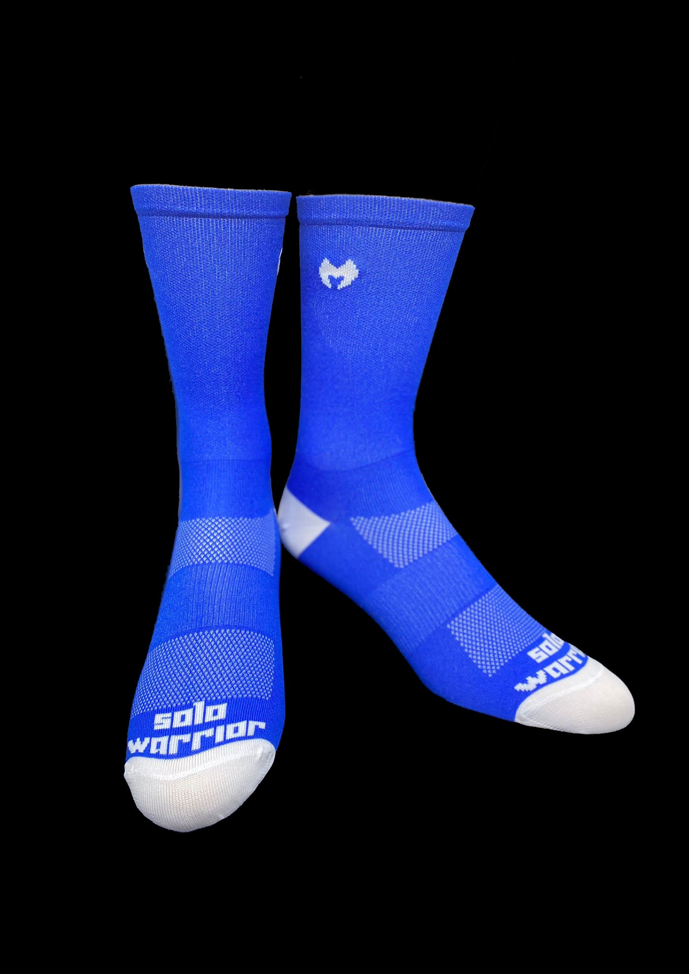 6” Men’s and Women’s solid ocean blue and white cycling sock with compression.