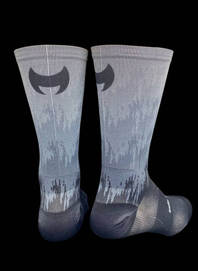 “The Shadow” a 6” black/ grey blend men’s and women’s cycling and running sock with compression.