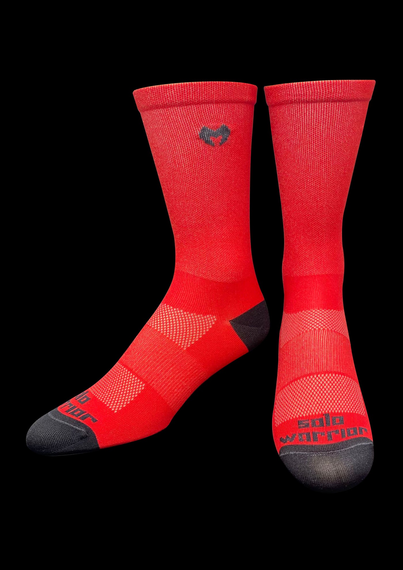 6” Men’s and Women’s solid red and black cycling socks with compression.