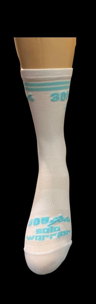 “305 ycle” White/ Light Blue 6" Men's and Women's cycling sock with compression.