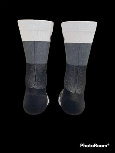 The Trío”  the Reversed White, Gray, and Black , 6” mens and women’s cycling sock with compression.