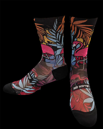 “Tropical Flamingo “ 6” blue, black, orange, white, pink and green  men’s and womens cycling sock with compression.