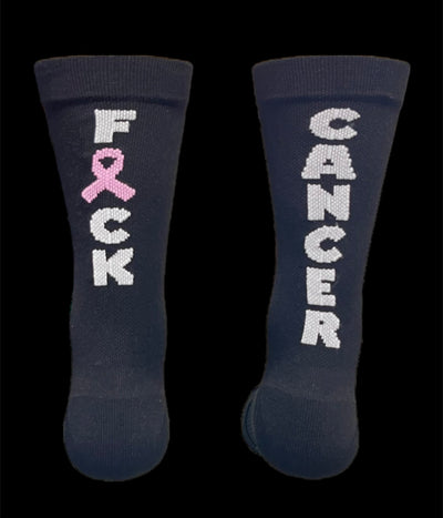 “ Fuck Cancer” 6” black and white cycling sock with compression for men and women.