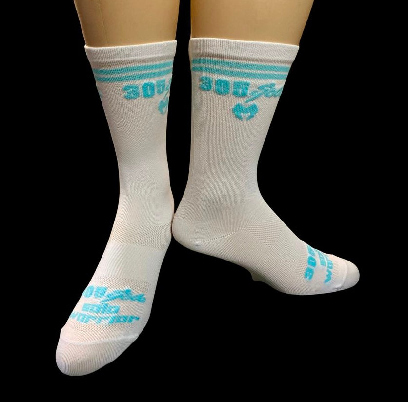 “305 ycle” White/ Light Blue 6" Men's and Women's cycling sock with compression.