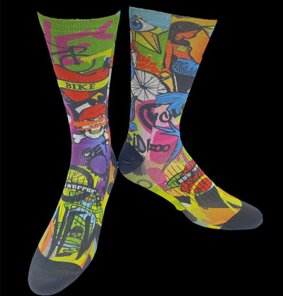 “The Master Piece” 6” blue, black, orange , white, yellow and pink compression men’s and womens cycling sock.