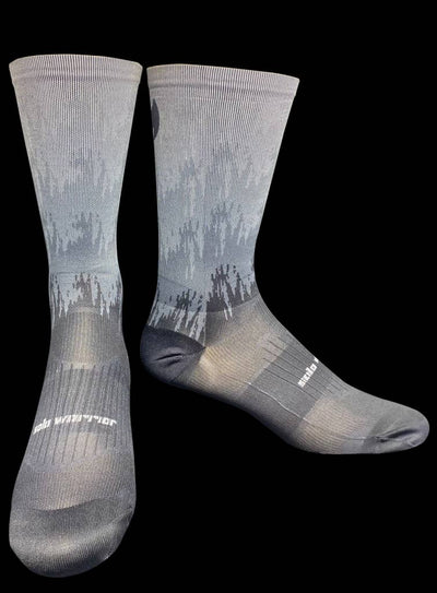 “The Shadow” a 6” black/ grey blend men’s and women’s cycling and running sock with compression.