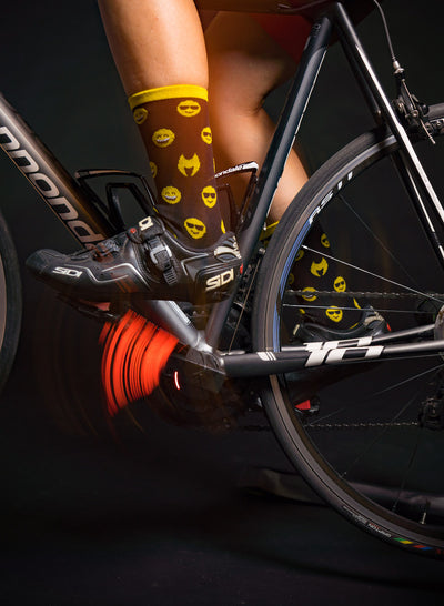 "Happy Faces" Black/Yellow 6" Men's & Women's cycling sock with compression.