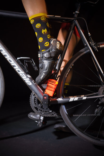 "Happy Faces" Black/Yellow 6" Men's & Women's cycling sock with compression.